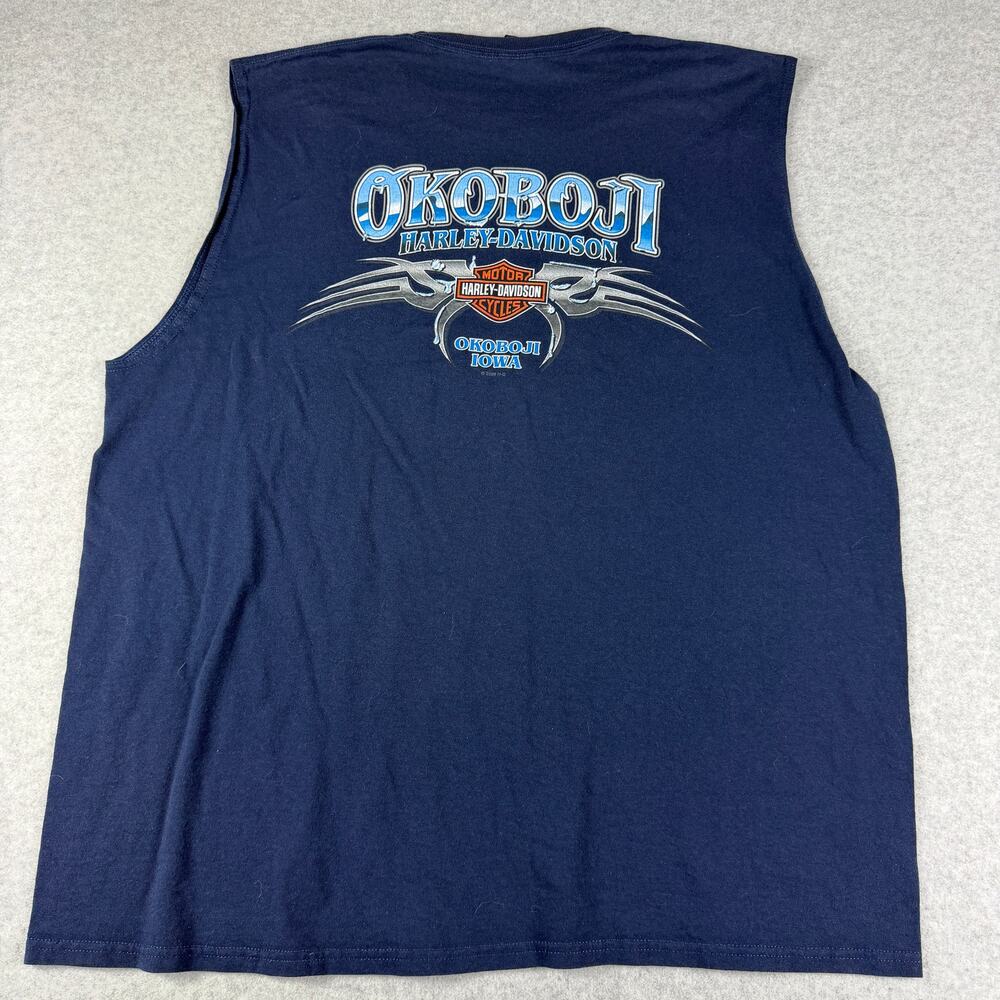 Harley Davidson Shirt 2XL Blue Sleeveless Okoboji Iowa Eagle Biker Muscle Tee